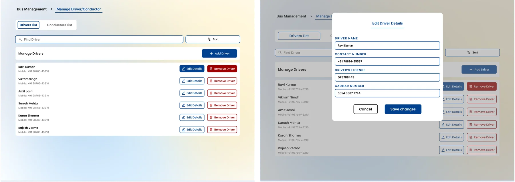 School web panel - Driver management